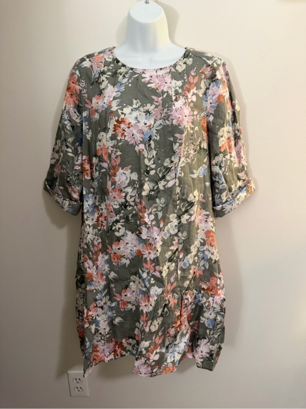 NWT J Jill Floral Midi Shift Dress in Sage and Soft Coral size MP